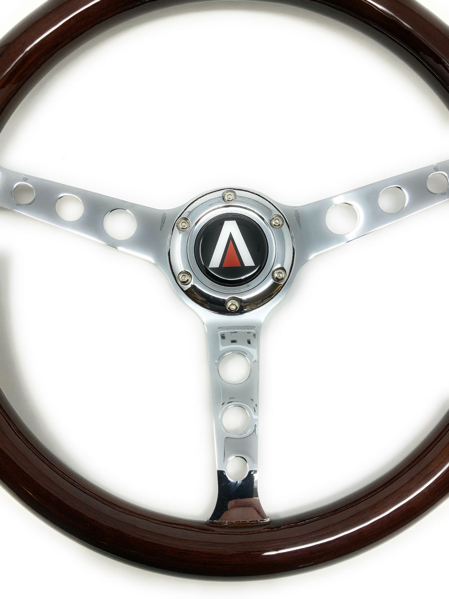 380mm 6 Bolt Real Wood Finish Universal Steering Wheel (Chrome