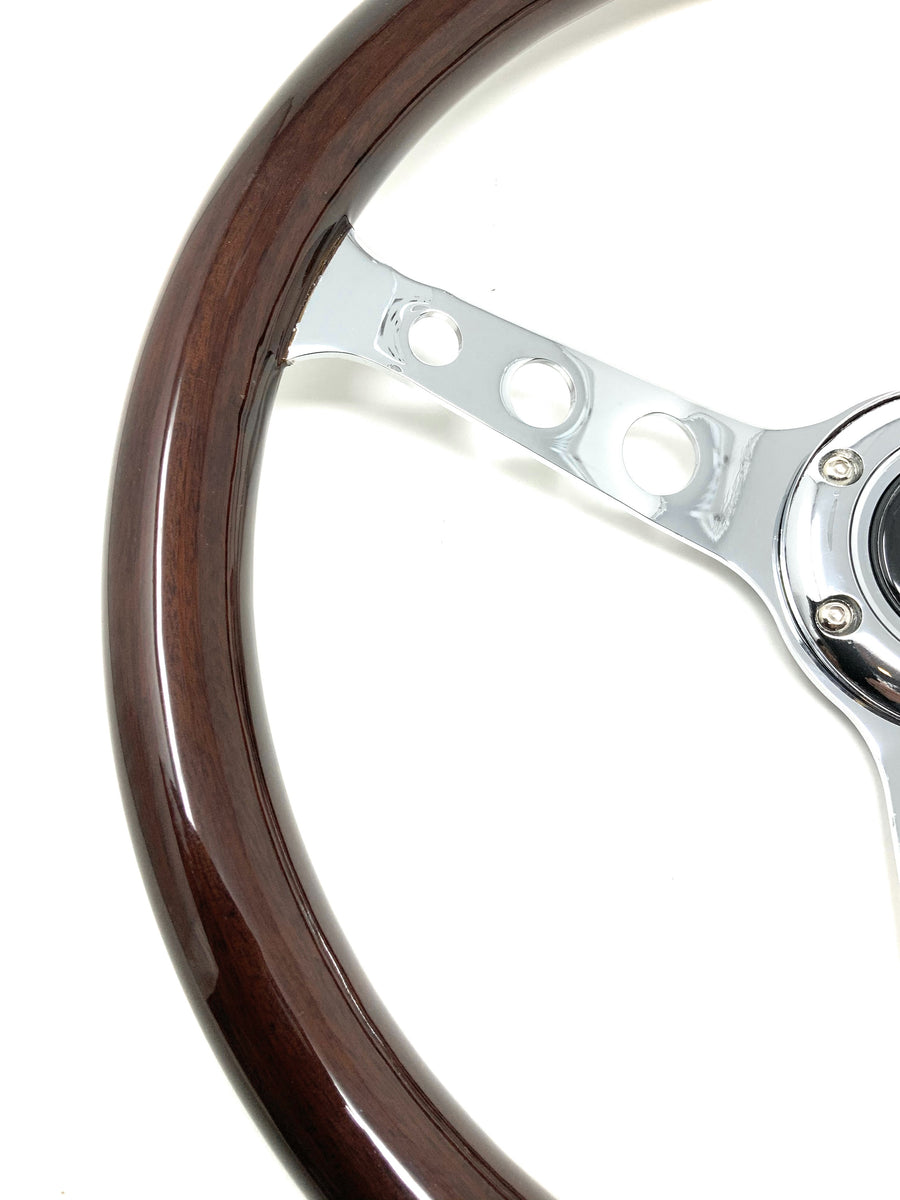 380mm 6 Bolt Real Wood Finish Universal Steering Wheel (Chrome